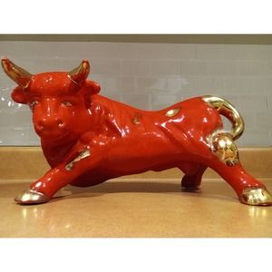 Maurice of California Pottery Red Bull Vintage Ceramic Sculpture with Gold Trim